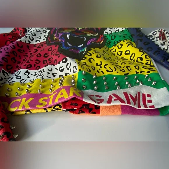 AZALEA WANG Studded Moto Jacket, Wonka Colors Rock Star Game Moto Jacket Sz: XL - Picture 12 of 16